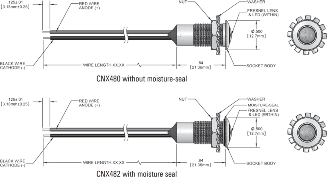 Mechanical Drawing - VCC CNX480 &  CNX482 LED Panel Mount Indicators