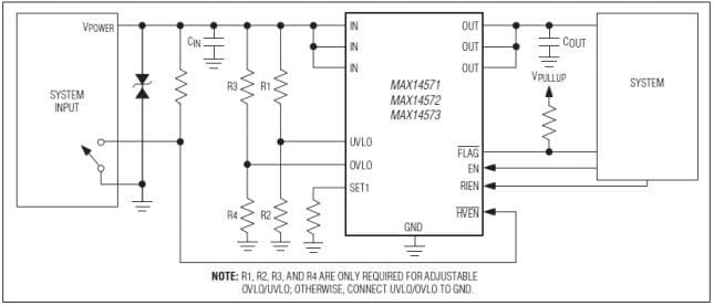 Application Circuit Diagram - Analog Devices / Maxim Integrated MAX1457x Overvoltage & Overcurrent Protectors