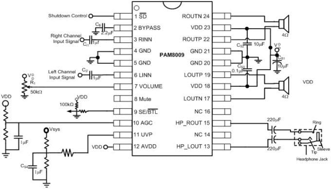 Application Circuit Diagram - Diodes Incorporated PAM8009 3W Stereo Class-D Audio Amplifiers