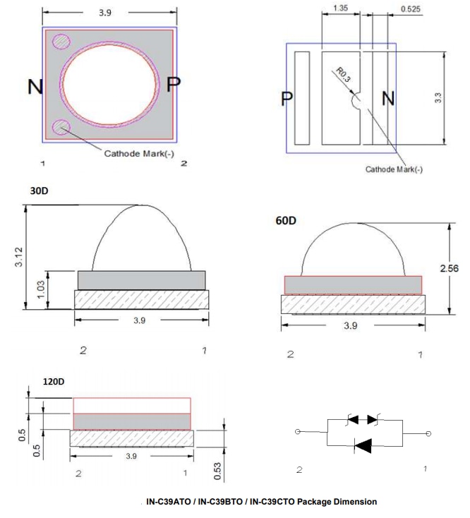 Mechanical Drawing - Inolux IN-C39ATO, IN-C39BTO, & IN-C39CTO UV-A LEDs