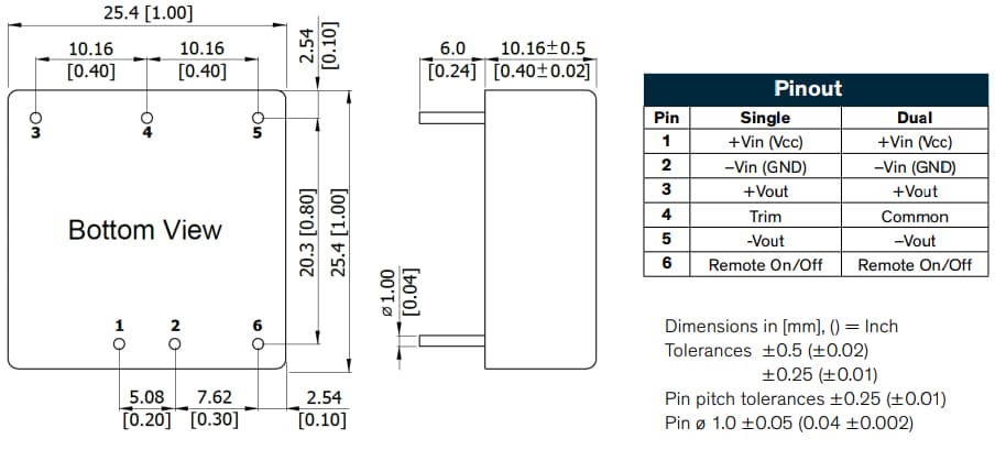 Mechanical Drawing - TRACO Power THL 15WI Series 15W DC/DC Converters