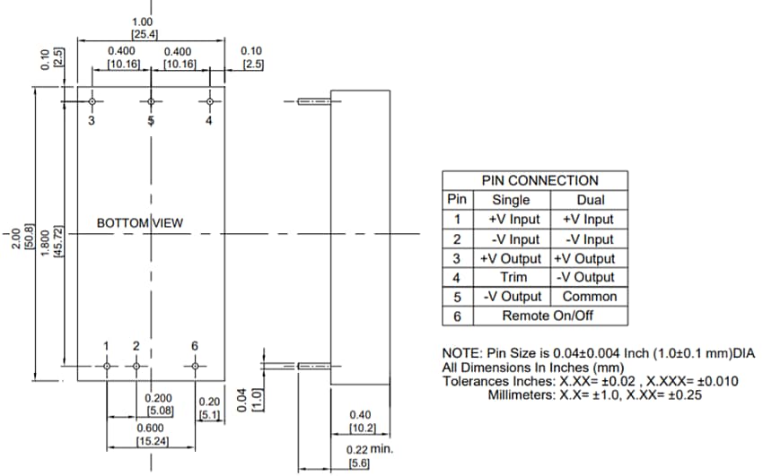 Mechanical Drawing - Cincon EC7BW18 20W 18:1 Input Isolated DC-DC Converters