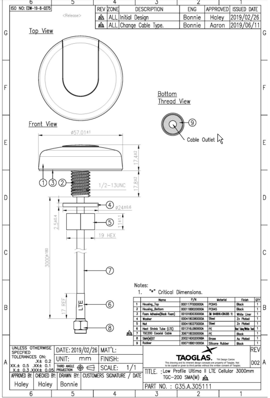 Mechanical Drawing - Taoglas G35.A.305111 Ultima II LTE Permanent Mount Antenna