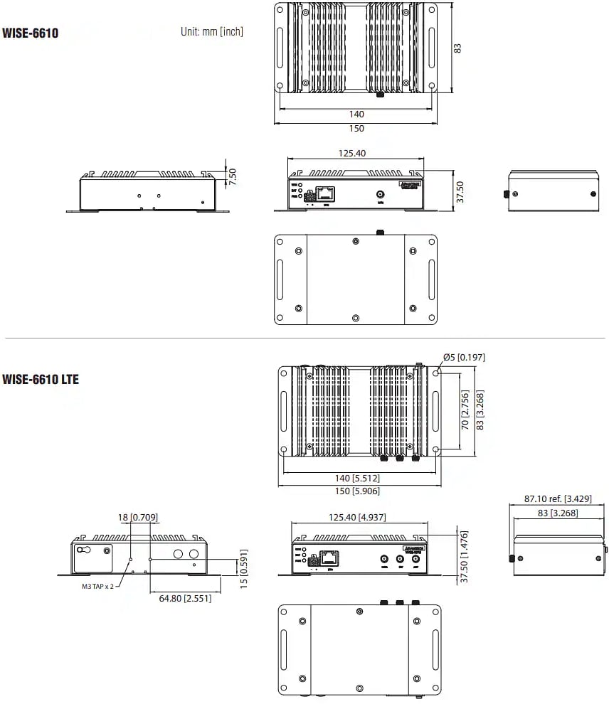 Mechanical Drawing - Advantech WISE-6610 Industrial LoRaWAN Gateways