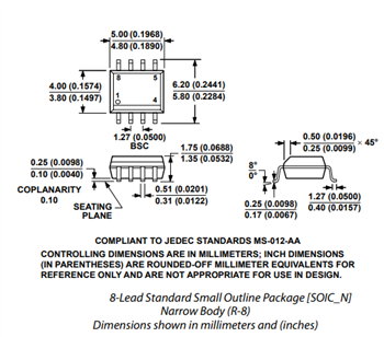 Mechanical Drawing - Analog Devices Inc. AD620 Instrumentation Amplifiers