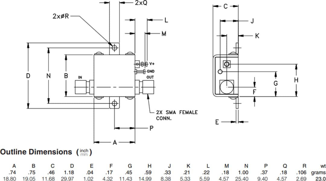 Mechanical Drawing - Mini-Circuits ZX60-63GLN+ Low Noise Coaxial Amplifier