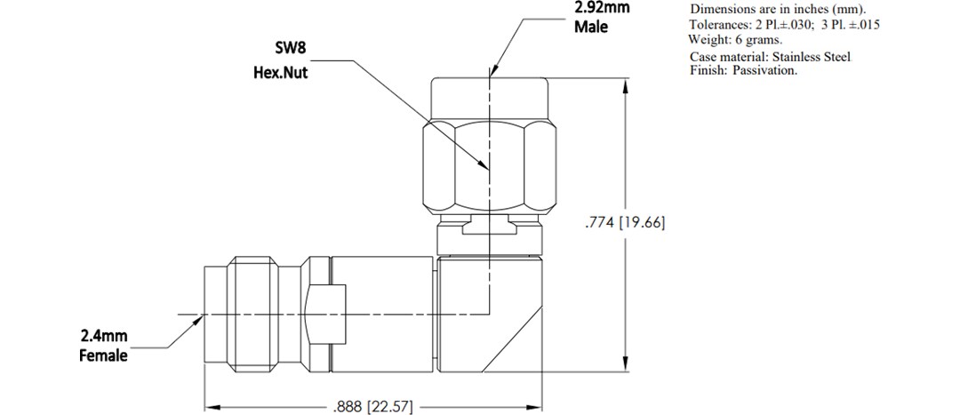 Mechanical Drawing - Mini-Circuits KMR-24F+ Right-Angle Coaxial Adapter