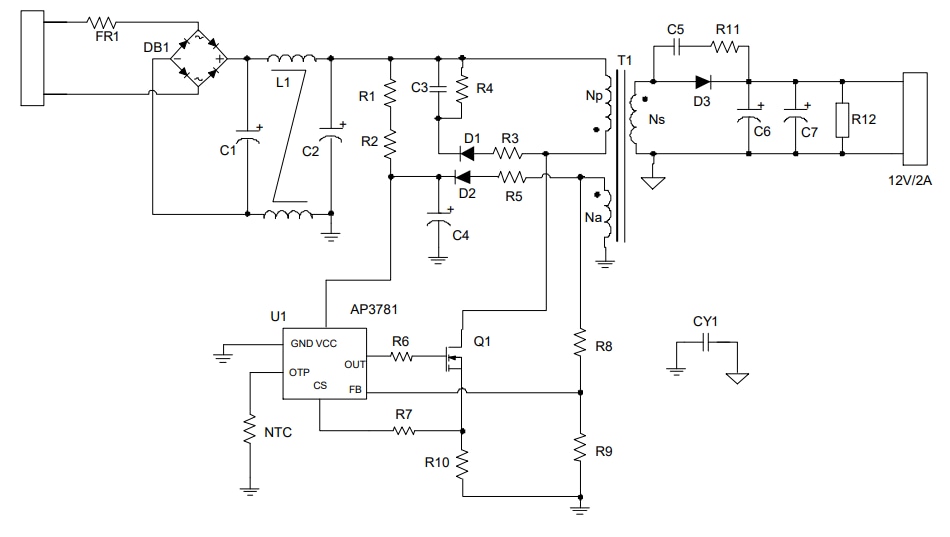 Application Circuit Diagram - Diodes Incorporated AP3781 AC/DC Power Supply Controller