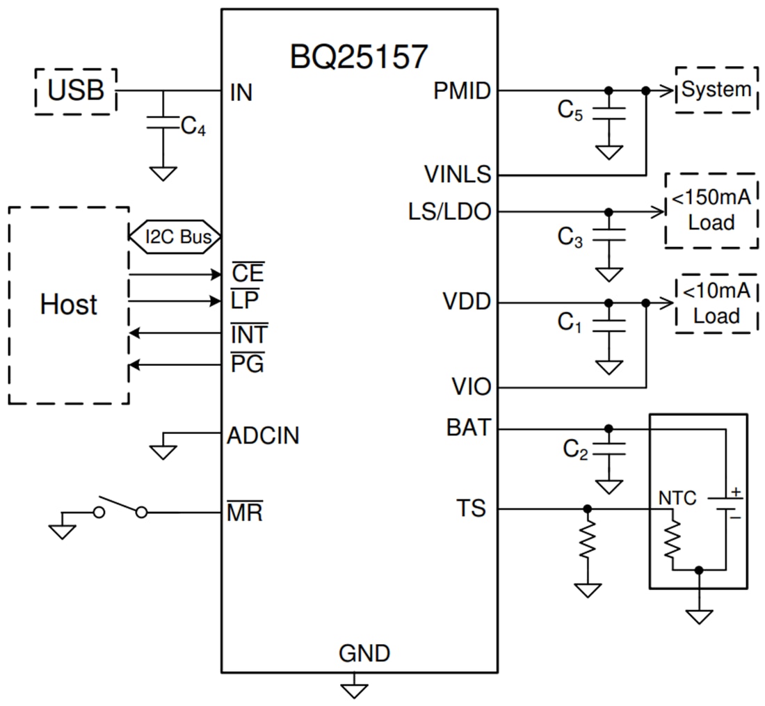 Schematic - Texas Instruments bq25157 1-Cell Linear Battery Charger