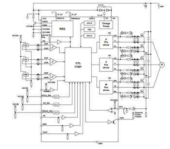 Application Circuit Diagram - ROHM Semiconductor BM64300MUV/BM64070MUV Brushless Motor Pre-Drivers