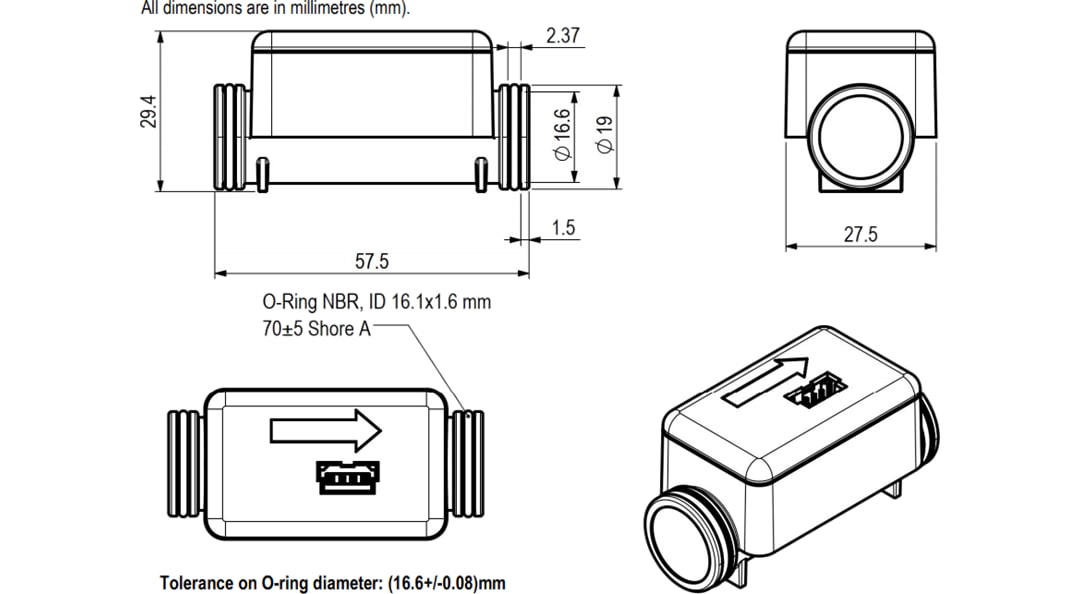 Mechanical Drawing - Sensirion SFM3119 Low Pressure Drop Digital Flow Meter