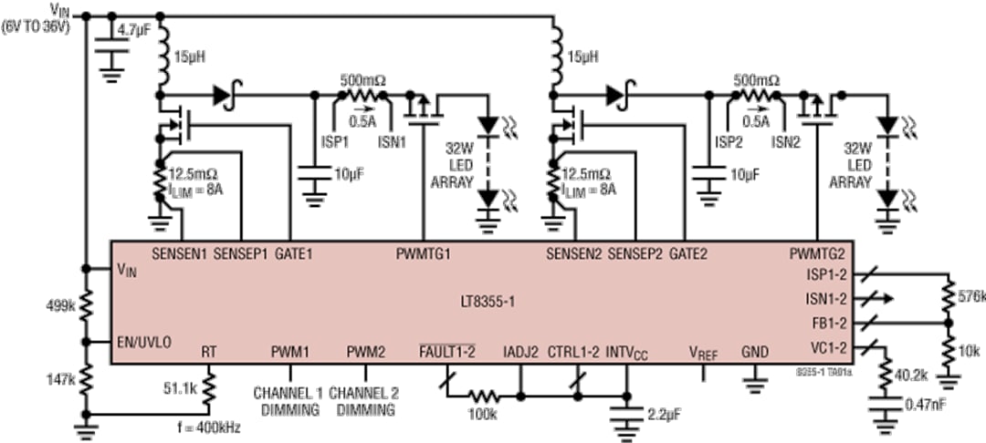 Application Circuit Diagram - Analog Devices Inc. LT8355-1 Dual LED Controller with Scalable Dimming