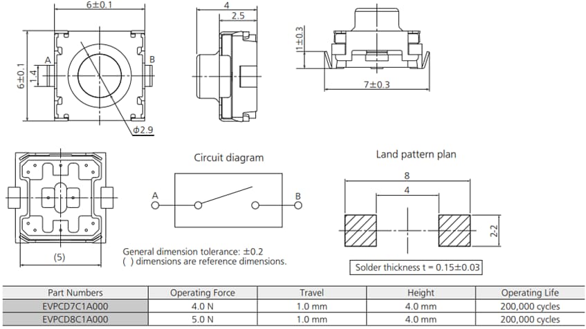 Panasonic Electronic Components EVP-CD 6mm 4N/5N Square Tactile Switches