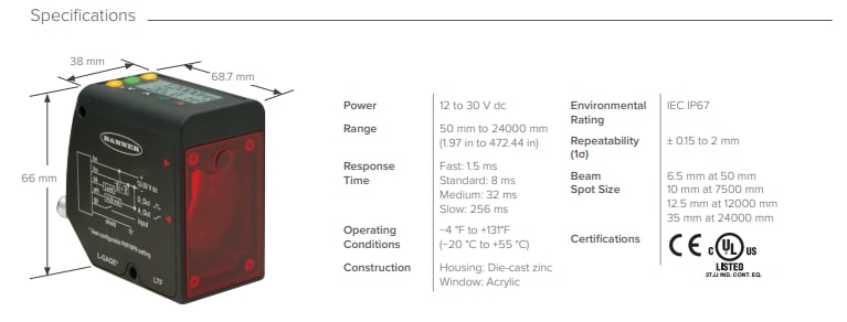 Banner Engineering LTF Long-Range Time-of-Flight (ToF) Laser Sensors