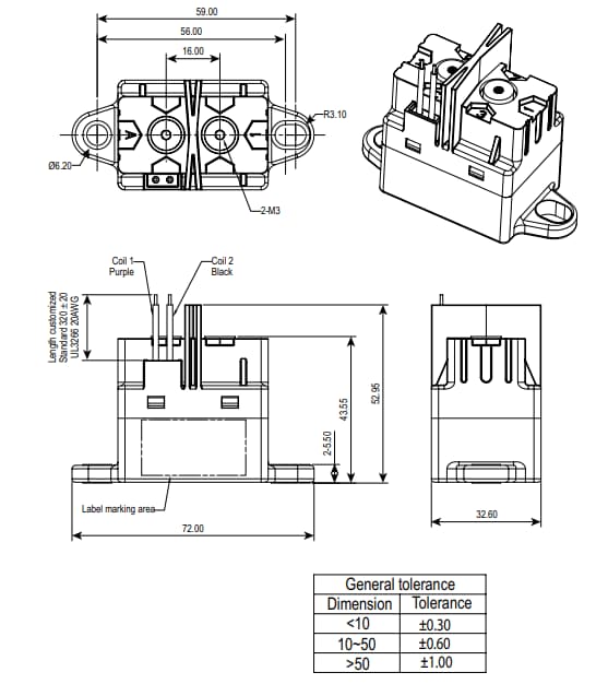 Mechanical Drawing - TE Connectivity ECP40B High-Voltage DC Contactors