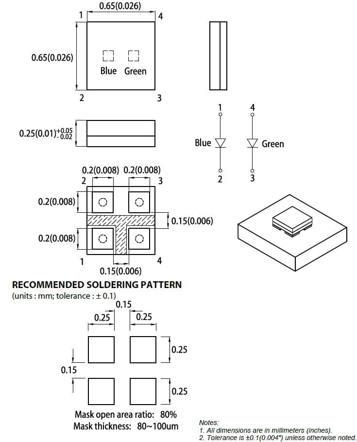 Mechanical Drawing - Kingbright APGB0607 Series Miniature 0202 Bi-Color SMD LEDs