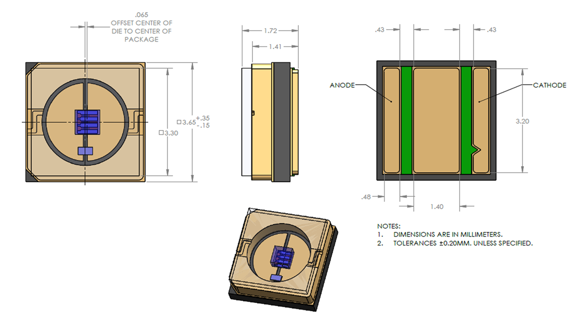 Mechanical Drawing - Luminus Devices XBT-3535 UVB/UVC Surface Mount LEDs