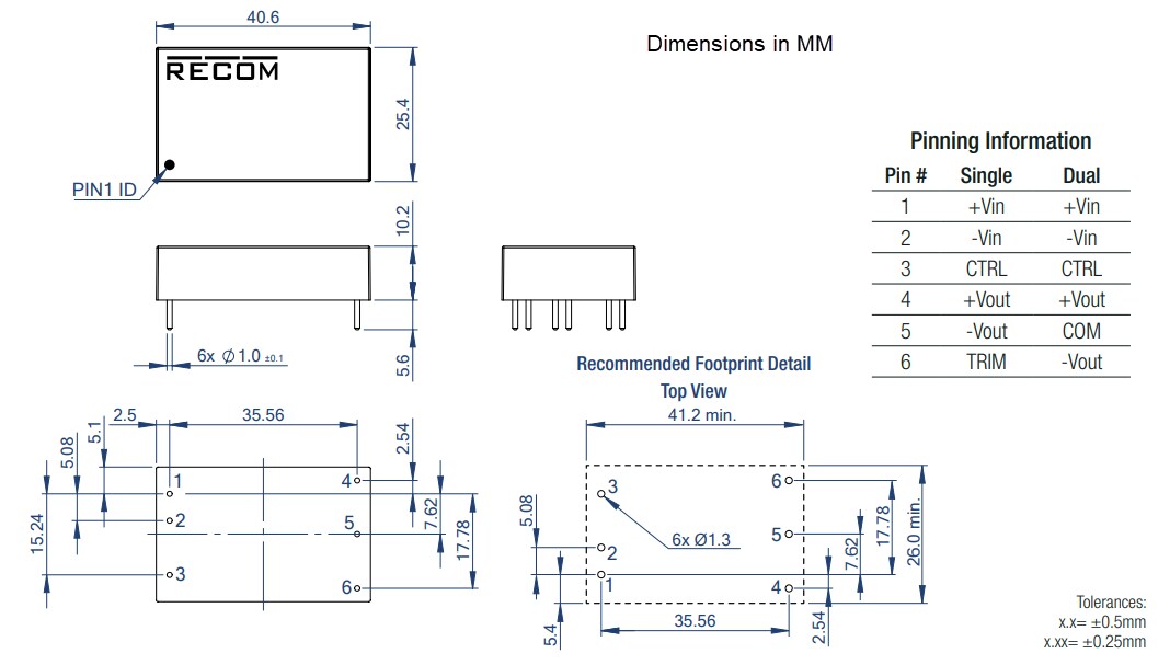 Mechanical Drawing - RECOM Power RPA20-FR DC-DC Converters