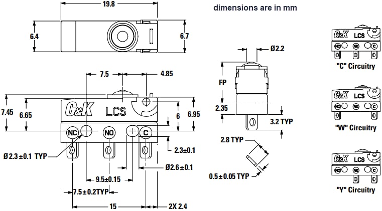 Mechanical Drawing - C&K Switches LCS Small Size Sealed Snap-Acting Switches