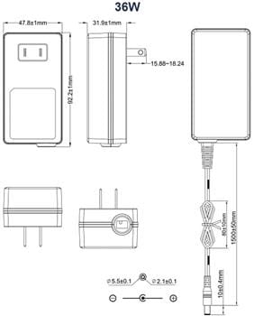 Mechanical Drawing - Phihong PYAxA Fixed Blade Wall-Mount Adapters