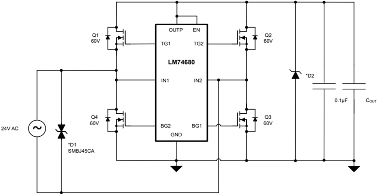 Application Circuit Diagram - Texas Instruments LM74680 Ideal Diode Bridge Controller