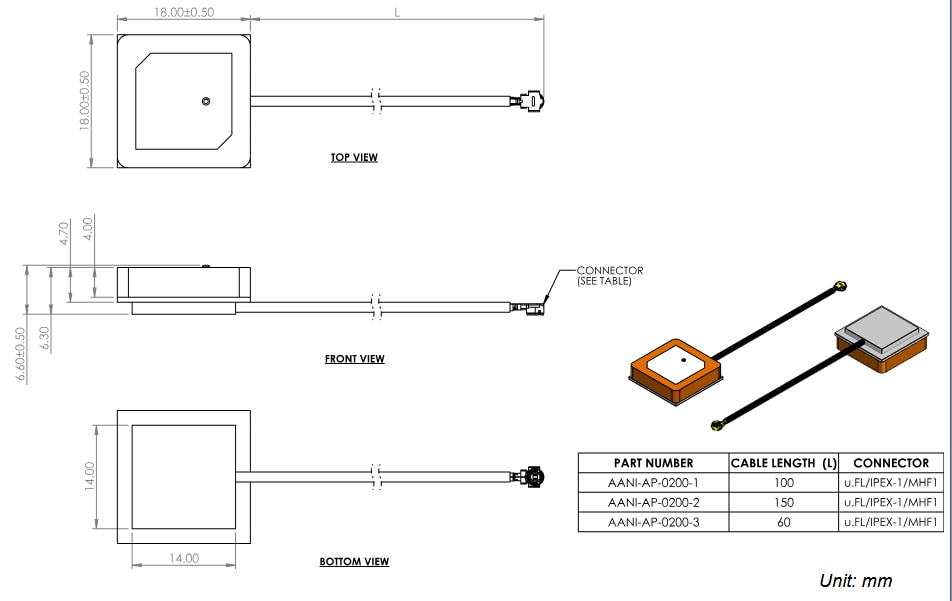 Mechanical Drawing - Abracon AANI-AP Anti-Jamming Active Internal GNSS Antennas