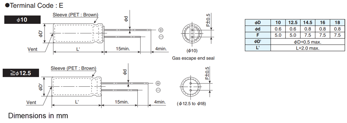 Mechanical Drawing - Chemi-Con KWB Aluminum Electrolytic Capacitors