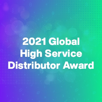 Graphic with "2021 Global High Service Distributor Award" over a blue and green gradient background